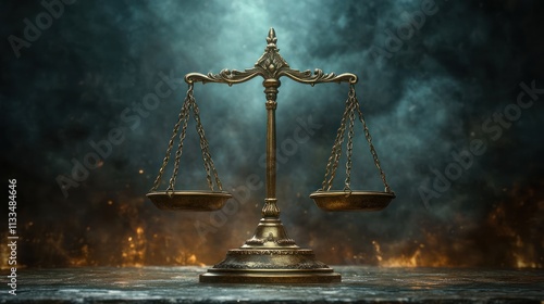 Antique golden scales of justice on a dark stone surface with dramatic lighting and fire background.