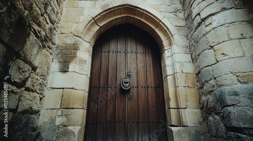 Detailed View of Large Wooden Door with Stone Surrounding Walls photo