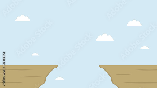 Illustration of two cliff edges separated by a gap under a clear blue sky with clouds