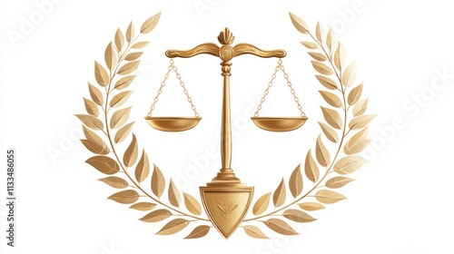 Gold scales of justice, laurel wreath, justice symbol.