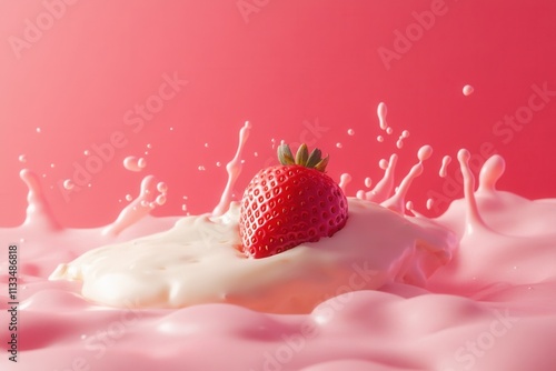 Strawberry falling into pink yogurt splashing on pink background photo