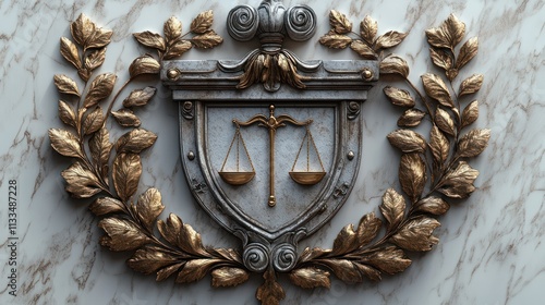 Ornate, golden, justice emblem on a marble background.