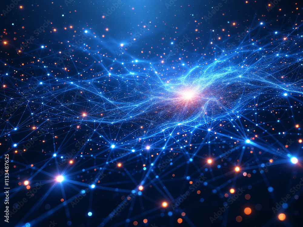 Naklejka premium Network, Connectivity, Digital, Technology, Nodes, Lines, Dots, Blue, Glowing, Web, Internet, Data, Information, Communication, Links, Grid, Matrix, Cyberspace, Virtual, Online, Interconnected, Wires,