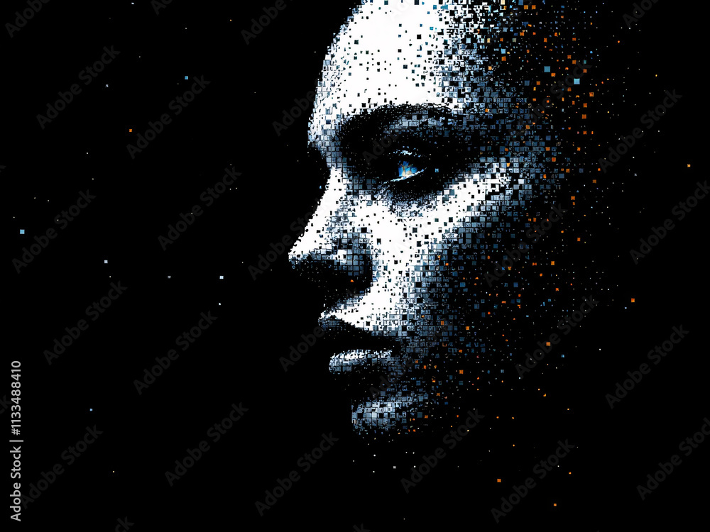 Digital, Pixelated, Head, Face, Disintegrating, 3D, Artificial Intelligence, Futuristic, Technology, Cyber, Glitch, Abstract, Blue, White, Squares, Cubes, Dissolving, Transparent, Modern, Innovative, Digital, Pixelated, Head, Face, Disintegrating, 3D, Artificial Intelligence, Futuristic, Technology, Cyber, Glitch, Abstract, Blue, White, Squares, Cubes, Dissolving, Transparent, Modern, Innovative,