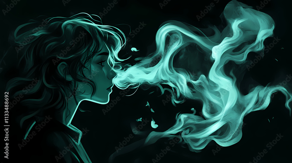 Fototapeta premium Teal smoke plume against black background. Wisp. Illustration