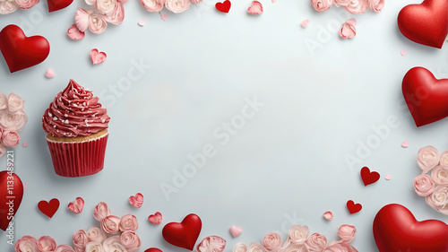 Cupcake con glaseado rosa y decoración de corazones sobre fondo azul claro, ideal para celebraciones de San Valentín y eventos románticos