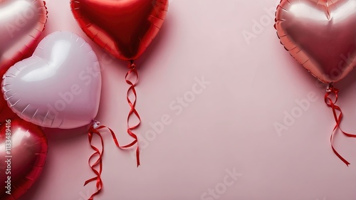 Globos en forma de corazón en tonos rojos y rosados sobre fondo rosa pastel, ideal para celebraciones románticas y de San Valentín