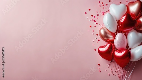 Composición artística con globos de corazón y confeti en tonos pastel sobre fondo rosa, perfecta para tarjetas de San Valentín