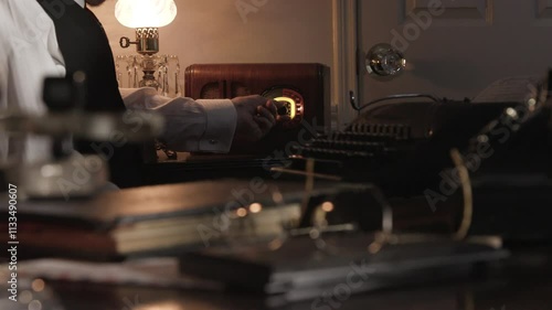 vintage businessman tuning a radio next to his desk