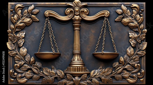Ornate bronze scale of justice emblem, detailed relief sculpture on dark panel.
