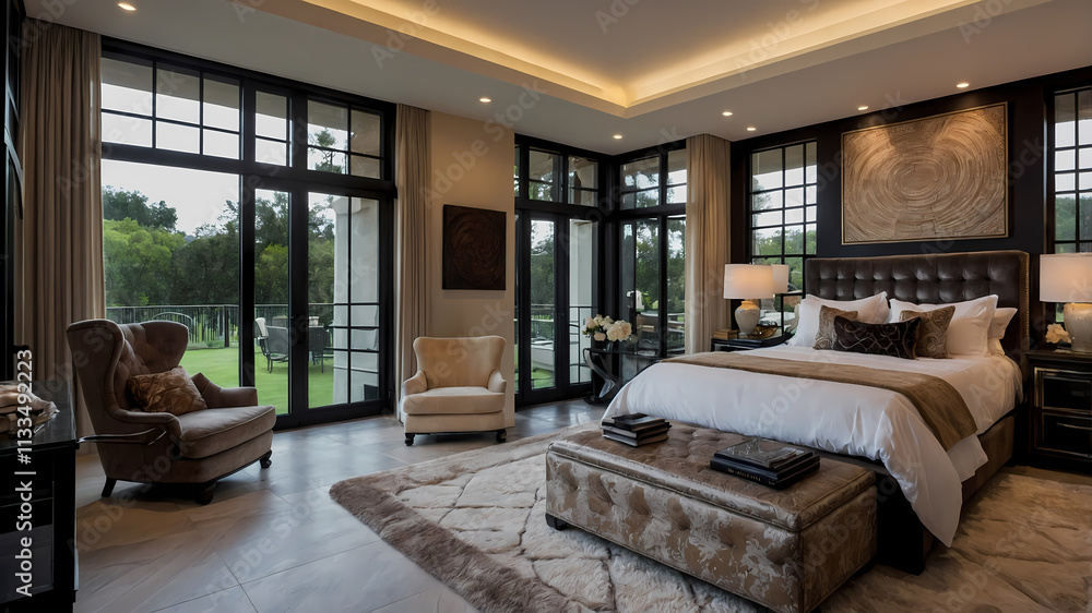 Master Bedroom Interior with King-Size Bed and Large Windows Master Bedroom Interior with King-Size Bed and Large Windows