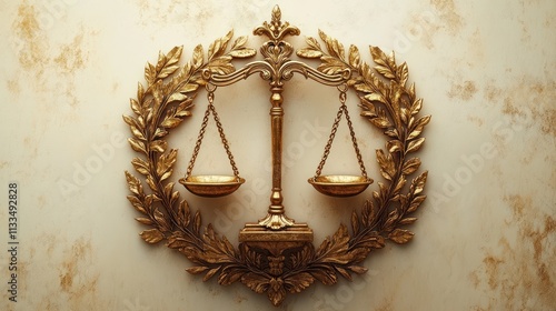 Ornate golden scale of justice emblem on beige wall.