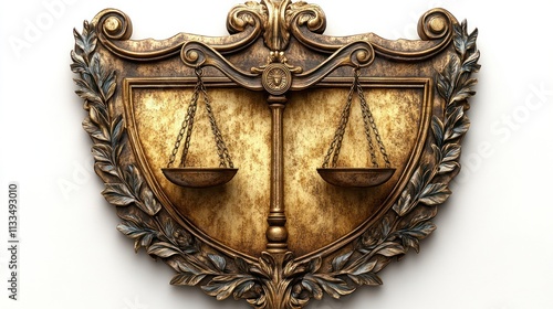 Ornate gold shield with justice scales. (1)