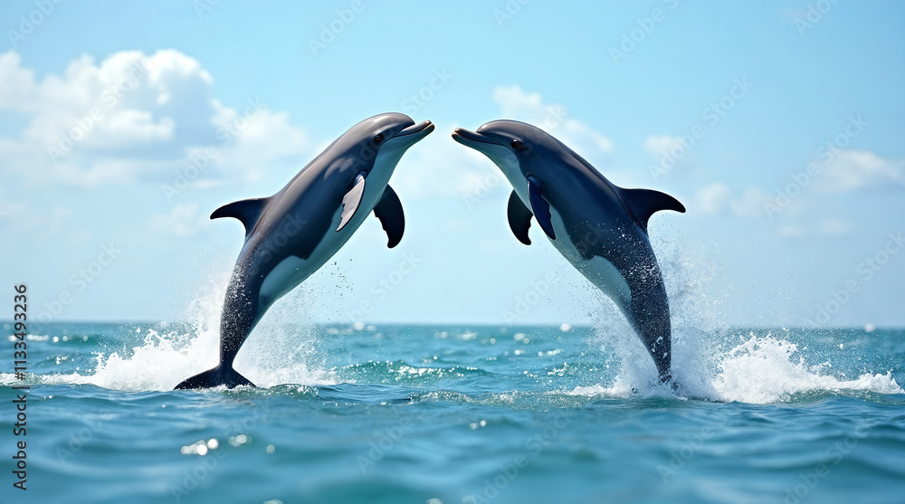 Fototapeta premium Two dolphins dancing above the water 