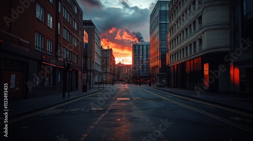 Stunning sunset over an empty city street, showcasing reflections on buildings and a dramatic sky filled with clouds.