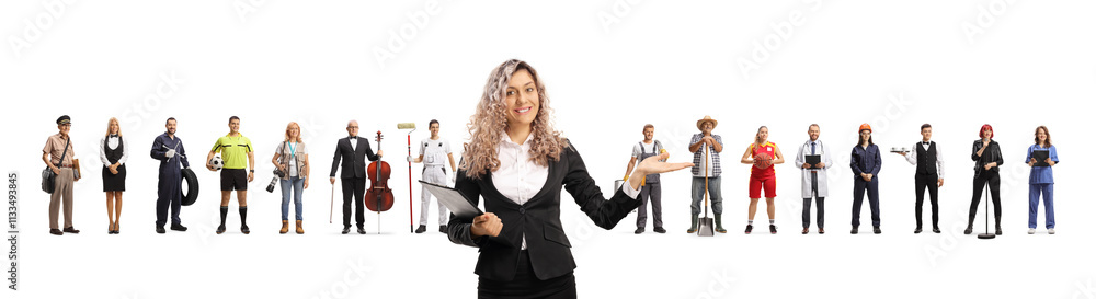 Obraz premium Woman job recruiter pointing at people with different professions