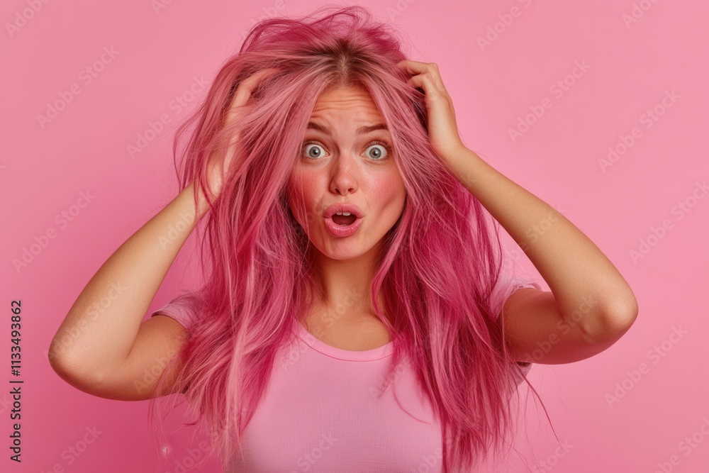 Shocked young woman with pink hair holding head in hands on pink background Shocked young woman with pink hair holding head in hands on pink background
