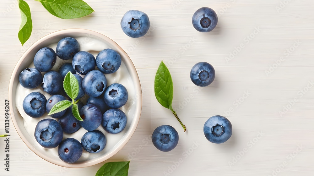 Bowl of fresh blueberries with yogurt garnished with green leaves on a white wooden background. Minimalistic composition. Healthy snack and natural food concept for design and print.

