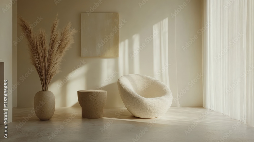 Serene Minimalist Interior Design: Beige Room with Modern Chair and Pampas Grass Serene Minimalist Interior Design: Beige Room with Modern Chair and Pampas Grass
