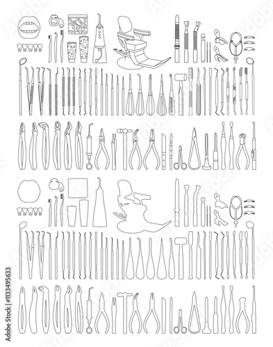 Sketch of oral hygiene products, dental equipment and instruments for dental treatment, collection