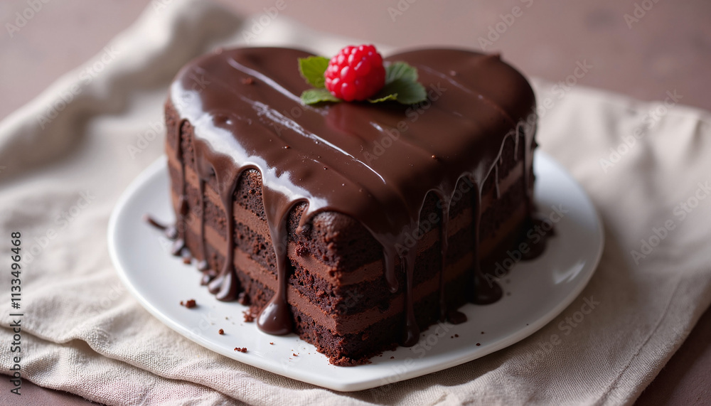 Layered heart-shaped chocolate cake with raspberry and mint Layered heart-shaped chocolate cake with raspberry and mint