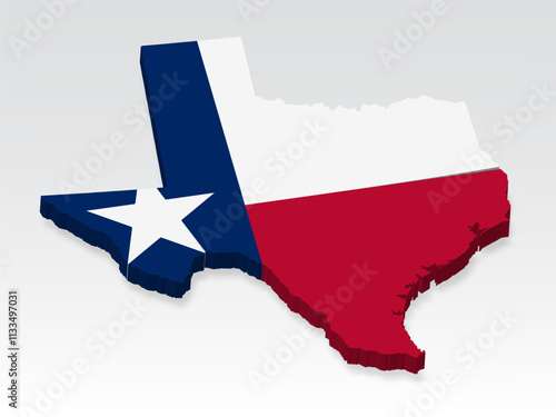 3D  Texas map with flag. Three dimensional map of State Texas with shadow. Flag of Texas on white background for your design, app, UI. United States. Stock vector. EPS10. 