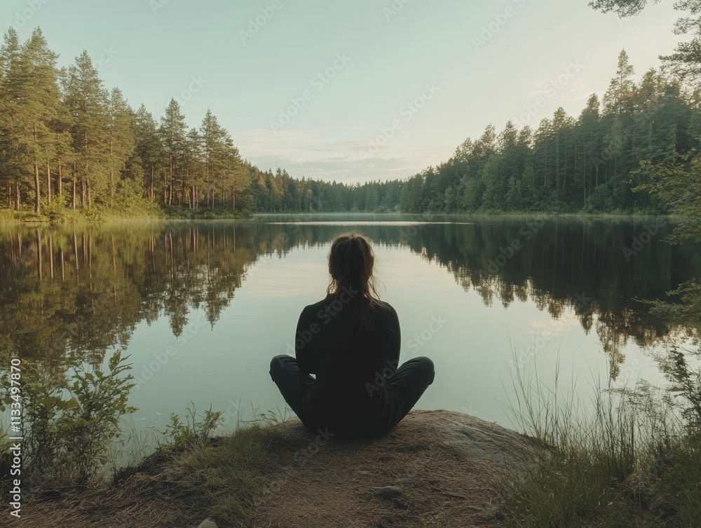 Person meditates lakeside, tranquil forest reflection. Person meditates lakeside, tranquil forest reflection.