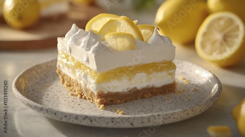 Lemon dessert square on plate, garnished with lemon slices and meringue.
