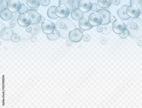 Cell stem science banner isolated on transparent background. Vector medical microscopic molecular conception. Biology 3d research dna nucleus particles seamless border pattern