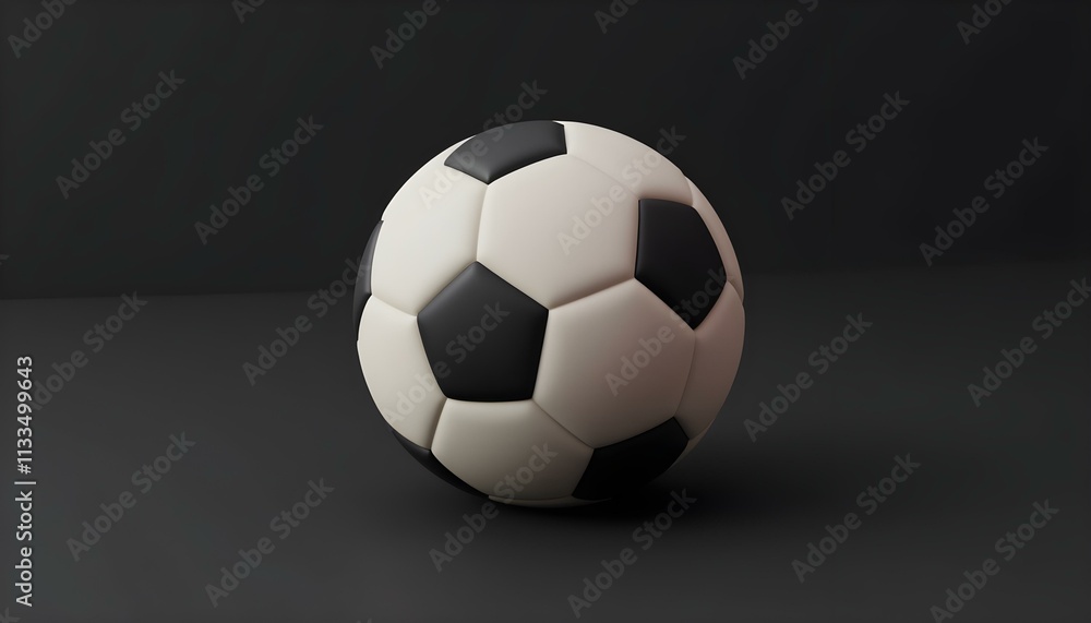 Naklejka premium 3D render of a soccer ball icon with detailed textures, placed centrally on a smooth black background, with soft shadows enhancing the ball's features create with ai
