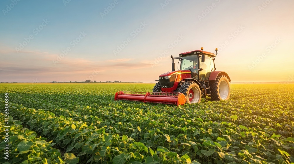 Modern red tractor working on lush green soybean field during golden hour sunlight at sunrise or sunset Modern red tractor working on lush green soybean field during golden hour sunlight at sunrise or sunset