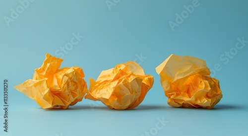 A sequence of three crumpled paper balls on a white surface, contrasted with a blue background. photo