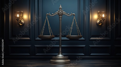 Antique golden scales of justice in a dark room with ornate wall panels and sconces.