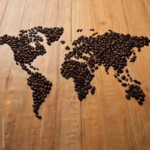 Coffee beans are creatively arranged in the shape of a world map on a rustic wooden surface, blending artistry with global charm.