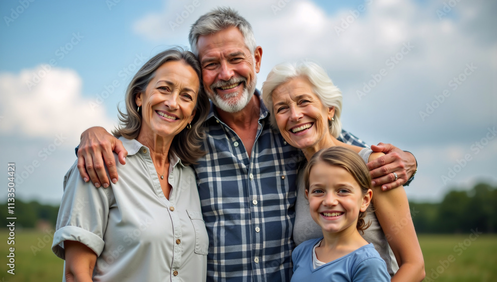 Grandparents and family smiling outdoors in a green landscape Grandparents and family smiling outdoors in a green landscape