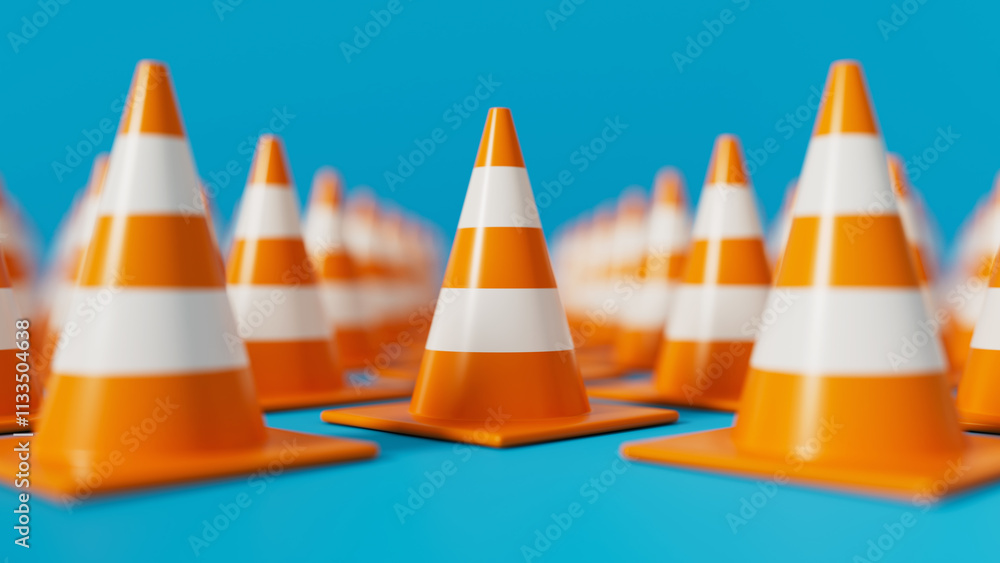 Front view on grid of Orange Traffic cones with shallow dof on blue background. Safety warning or under construction symbol. 3d render illustration Front view on grid of Orange Traffic cones with shallow dof on blue background. Safety warning or under construction symbol. 3d render illustration