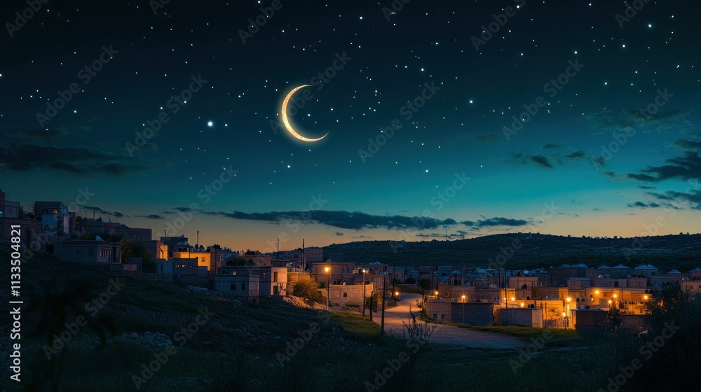 Naklejka premium Ramadan theme crescent moon and stars shine brightly in the sky above the peaceful village, the houses are warmly lit background wallpaper AI generated image