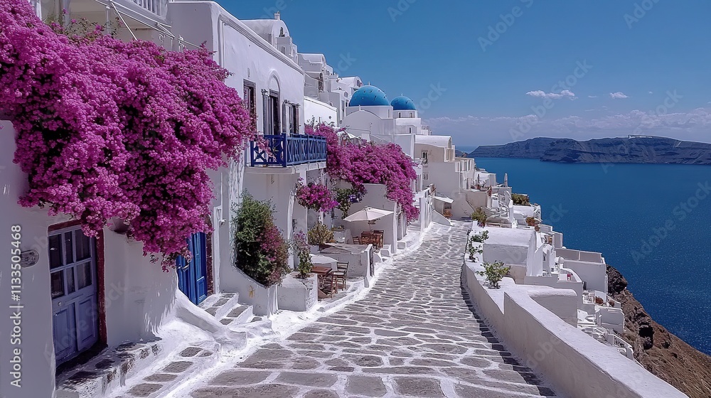 Obraz premium A street with a blue balcony and a white house with a blue door