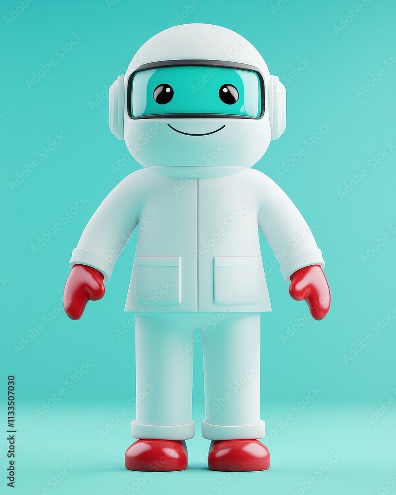 A cheerful cartoon character in a white suit with red gloves and a blue visor stands against a turquoise background. A cheerful cartoon character in a white suit with red gloves and a blue visor stands against a turquoise background.