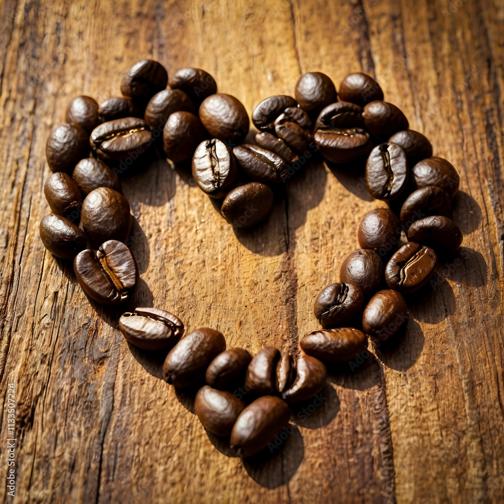 Fototapeta premium Coffee beans are arranged in the shape of a heart on a rustic wooden surface, radiating warmth and charm