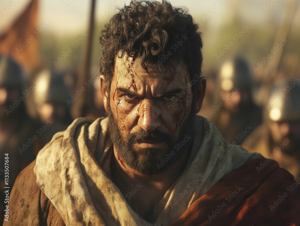 Fototapeta premium Bloody warrior, intense gaze, army background.