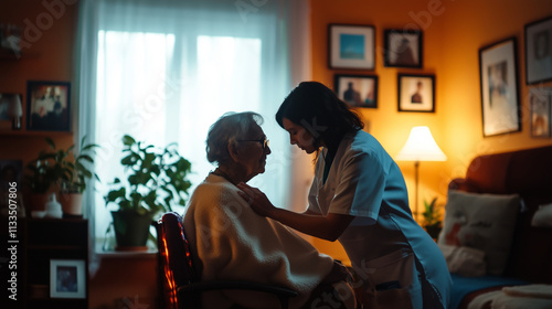 In a warm living room filled with family photographs and potted plants, the nurse lovingly adjusts the blanket around the elderly womanâs shoulders, ensuring she stays cozy and com photo