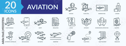 Aviation icon collection set with flight time, boarding pass, safety, air navigation, passport
