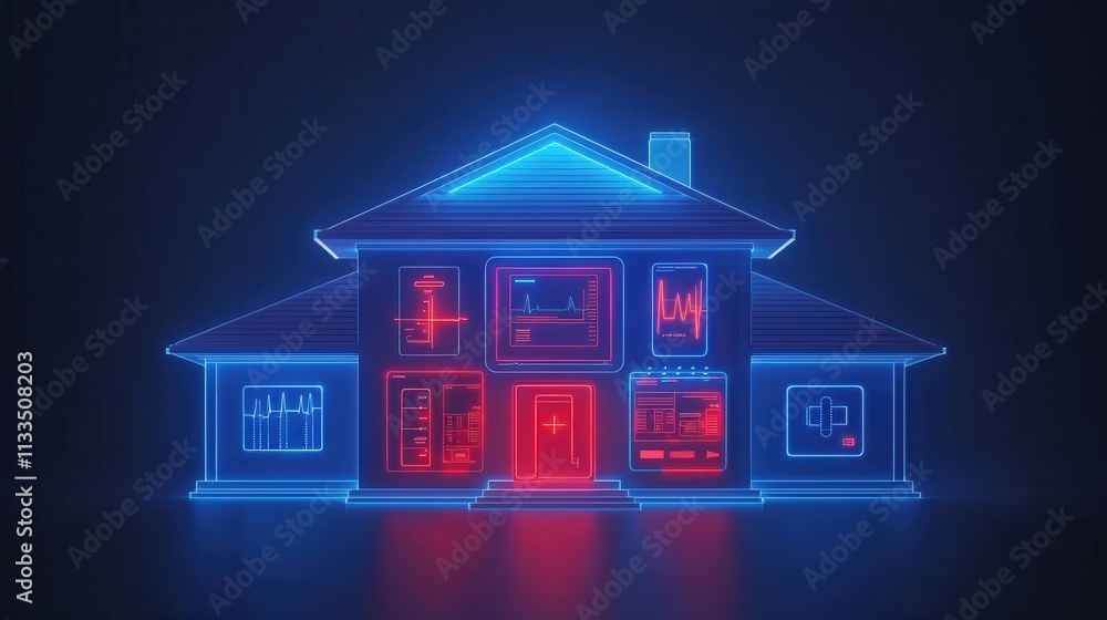 A glowing, stylized house depicted in vibrant blue and red neon lights, showcasing a modern, digital aesthetic. A glowing, stylized house depicted in vibrant blue and red neon lights, showcasing a modern, digital aesthetic.