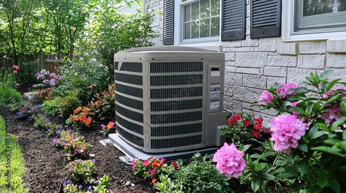 Outdoor Air Conditioning Unit in Lush Garden Setting with Colorful Flowers and Greenery on a Sunny Day