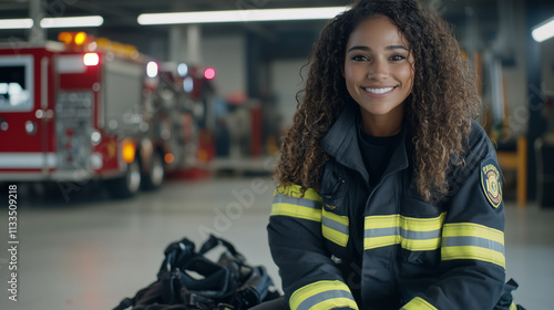 The firefighter kneels beside her gear, a confident smile on her face as she prepares for her next duty in the orderly and well-lit fire station garage. photo