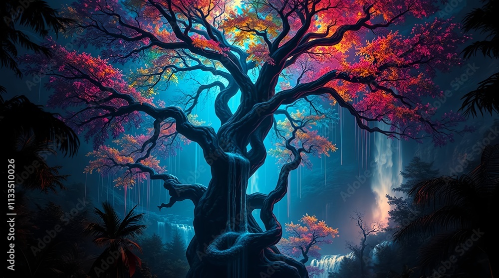 Fototapeta premium glowing mystical tree with vibrant colors in a surreal forest atmosphere for use in fantasy book covers or digital wallpapers