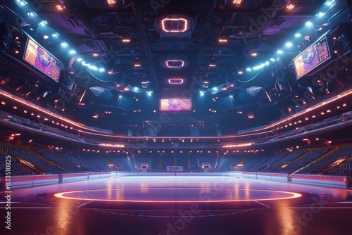 A deserted ice hockey rink under spotlights, perfect for sports-related designs and publications.