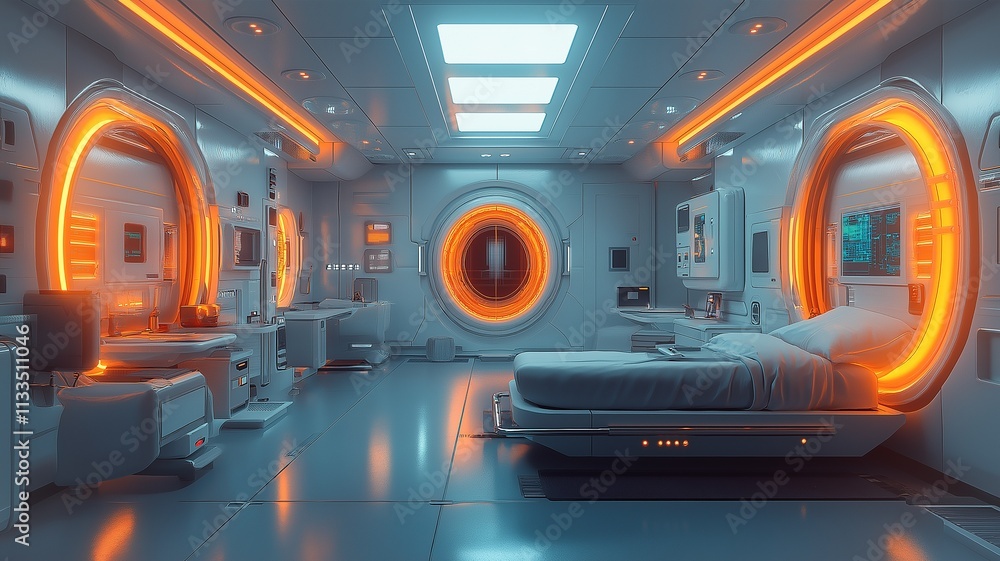 Naklejka premium Futuristic Hospital Room Featuring Advanced Technology and Glowing Orange Accents. Generative AI