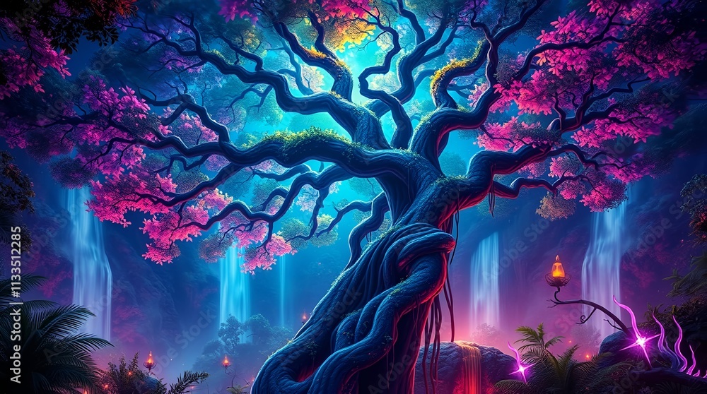 Fototapeta premium vibrant glowing tree with magical neon light in a mysterious forest for use in creative backgrounds
